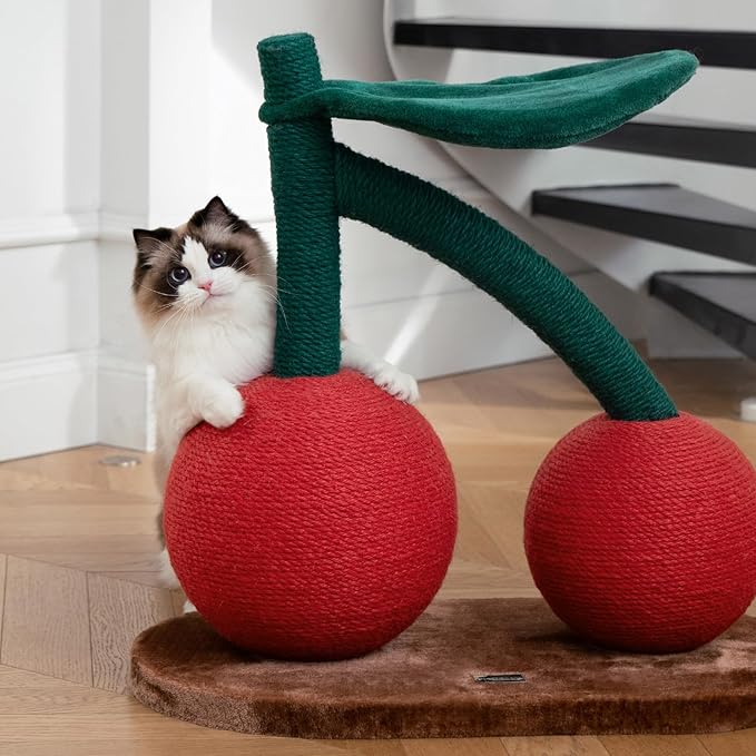 VETRESKA Cat Scratching Post, Large Cherry Cat Scratcher with Hammock, Tall Cat Scratch Interactive Toy with Natural Sisal Rope for Indoor Cats, Kittens - PAWPICO