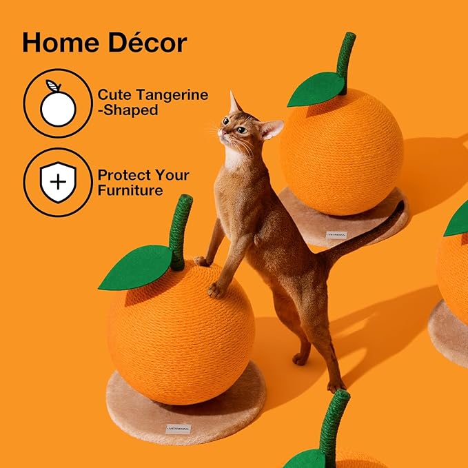 VETRESKA Orange Cat Scratching Post, Cute Cat Scratcher with Sisal Rope, Vertical Cat Scratch Post for Indoor Cat and Kitten, Cat Scratching Ball - PAWPICO