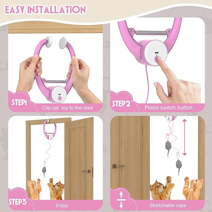 Cat Toy Interactive for Indoor Cats, Smart USB Rechargeable Door Hanging Automatic Retractable Kitten Toys, Teaser Electronic Self Play Feather Cat String Toys Attached with 3 Catnip Mice Pink - PAWPICO