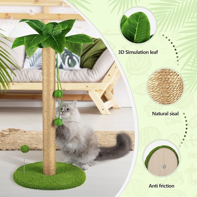 Dohump Cat Scratching Post, 31" Tall Scratch Tree with Premium Sisal Rope, Two Interactive Dangling Balls and Spring Ball Toys for Indoor Kittens and Cats - PAWPICO