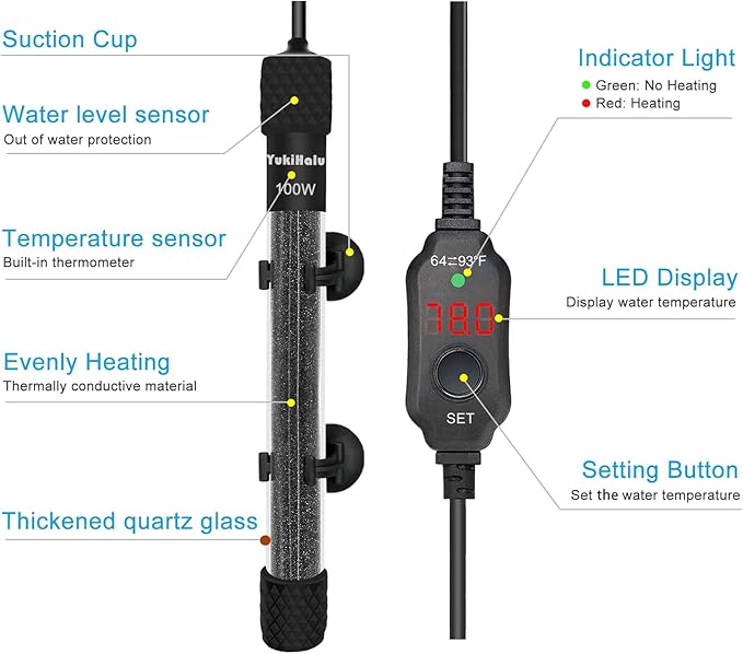 YukiHalu Small Submersible Aquarium Heater, Adjustable Mini Fish Tank Heater 25W 50W 100W 200W 300W with External Temperature Controller, LED Display, Used for 5/10/20/40/60 Gallons (100 Watts) YukiHalu