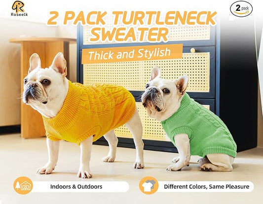2 Pack Dog Sweaters for Small Dogs - Puppy Medium Warm Clothes in Winter, Turtleneck Pullover Design for Boy Girl Pet, Doggie, Cat, Kitten Chihuahua Bulldog Pug Beagles (XS, Yellow, Green) - PAWPICO