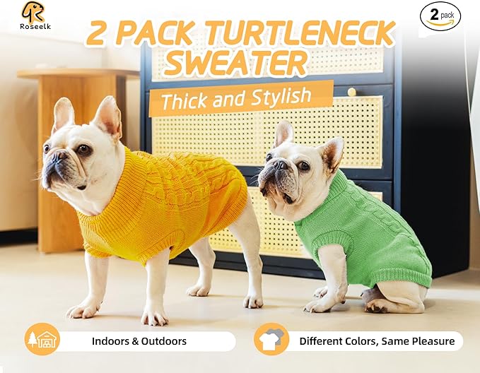 2 Pack Dog Sweaters for Small Dogs - Puppy Medium Warm Clothes in Winter, Turtleneck Pullover Design for Boy Girl Pet, Doggie, Cat, Kitten Chihuahua Bulldog Pug Beagles (S, Yellow, Green) - PAWPICO