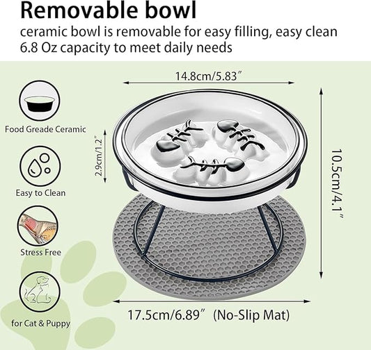 Cat Slow Feeder, Elevated Cat Food Bowl Raised Design, Dog Slow Feeder Bowl with Metal Stand, No Black Chin, Anti Vomit, Shallow Whiksker Friendly for Wet and Dry Food for Indoor Cat - PAWPICO