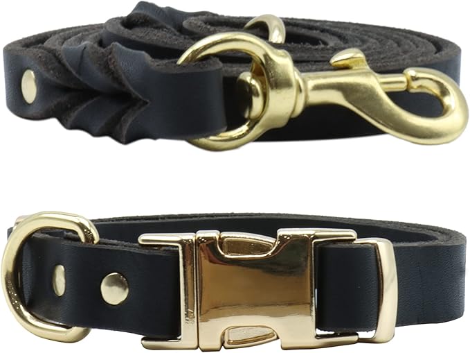 6ft Leather Dog Collar and Leash Set for Heavy Duty Large Dog,Soft and Comfortable Braided Leather Dog Leash Set with Anti-Slip Handle,Long Strong Leather Collar with Metal Lock for Training,Black KILISTEELS