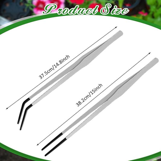 Lasnten 2 Pcs Extra Long Stainless Steel Reptile Feeding Tongs with Rubber Tip Bearded Dragon Aquarium Straight and Curved Long Tweezer Terrarium Feeder Tool for Tank(Silver, 15 Inch) Lasnten