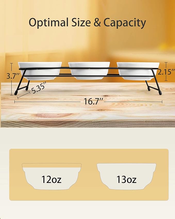 3 Cat Food Bowls Ceramic 13 oz Upgraded with Stainless Steel Stand Non-Slip and Anti-Rust Elevated Raised Cat Bowls for Food and Water, Pet Dishes Bowl for Indoor Cats and Puppy, Dishwasher Safe - PAWPICO