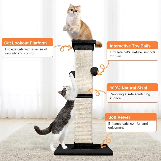 Cat Scratching Post 33 Inch Nature Sisal Cat Scratch Post for Indoor Cats, Large Cat Scratcher Protect Your Furniture, Black - PAWPICO