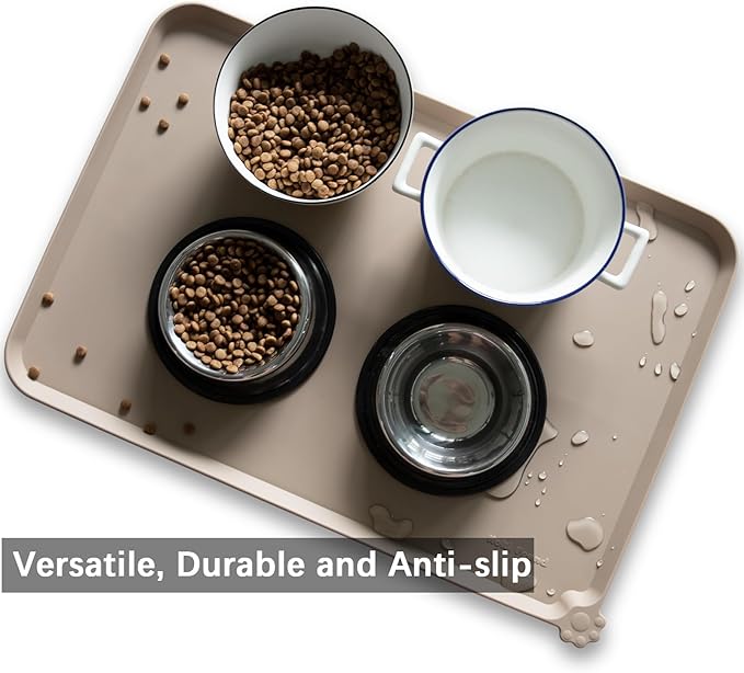 Hoki Found Large Silicone Pet Food Mats Tray - Non Slip Pet Dog Cat Bowl Mats Placemat - Dog Pet Cat Feeding Mat - Waterproof Dog Cat Food Mats -Pet Water Mats for Floors-Tan - PAWPICO