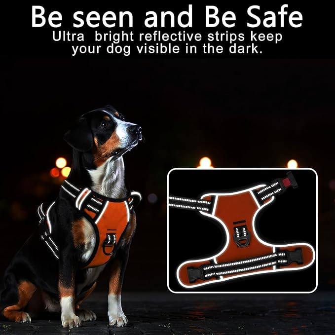 Timos Dog Harness Medium Sized, No Pull Dog Harness with Neck Lockable Snap,No Choke Front Clip Dog Reflective Harness,Adjustable Metal Rings 3 Buckles,Easy Control Handle for Medium Dogs Orange M Timos