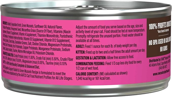 Rawz Digestive Support CAT Food 5.5 Ounce Cans, 24 Pack (Rabbit/Green Mussel) - PAWPICO