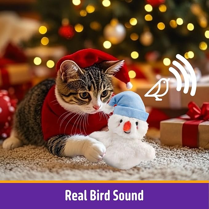 Interactive Christmas Cat Toys, Flapping Snowman Cat Toys, Lifelike Bird Chirp, USB Rechargeable Catnip Toy for Bored Indoor Cats Chase Exercise, 3 Modes - PAWPICO