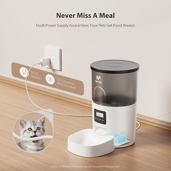 Automatic Cat Feeders, 3L Timed Cat Dry Food Dispenser, Dual Power Supply, Programmable Portion Size, 1-6 Meals Per Day, Auto Pet Feeder for Cats and Small Dogs - PAWPICO