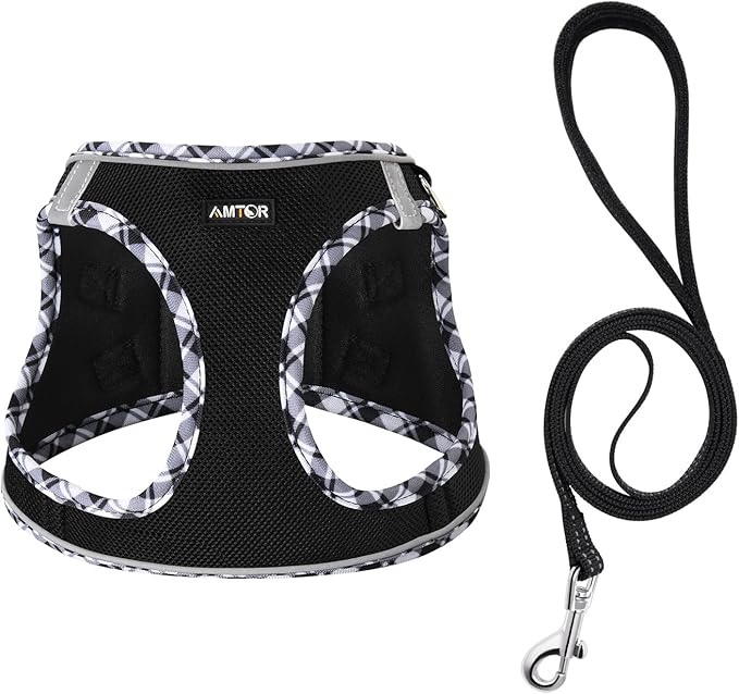 AMTOR Small Dog Harness with Leash Set, No Escape Easy Walk Puppy Harnesses for Training Walking, Step-in Reflective Soft Dogs Vest for XS S Medium Extra-Small Large Sized Dog(Blackwhite,XXS) AMTOR