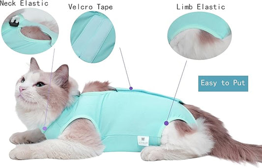 Cat Recovery Suit Female Kitten Cat Onesie for Cats After Surgery Female Spay Surgical Abdominal Wound Skin Diseases Cone Collar Soft Alternative Wear (Green, S) Acoutpet