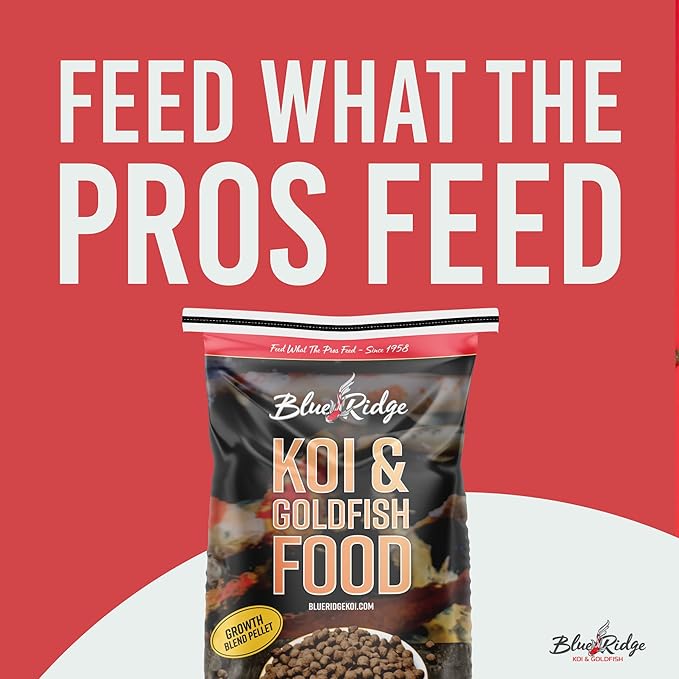 Blue Ridge Koi Fish Food 25lb - Koi Food 3/16” Large and Mini Blend Growth Formula, Goldfish Food, Premium Fish Food for Ponds, Ponds Fish Food, Floating Pond Pellets BlueRidgeFishHatchery