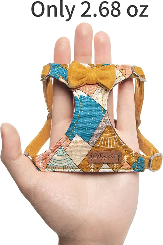 Puppytie No Pull Dog Harness with Multifunction Dog Leash,Soft Adjustable No Choke Escape Proof Pet Harness Vest for Medium Dogs,Suede Bow Yellow,M Puppytie