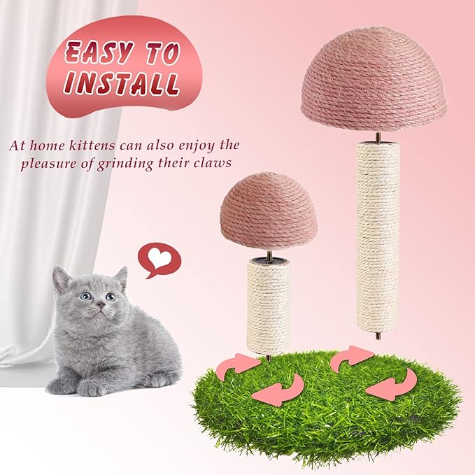 Cat Scratching Post - Mushroom Cat Scratcher Featuring with Natural Sisal Caps Scratch Pole and Sturdy Base for Kittens & Small Cats - Pink - PAWPICO