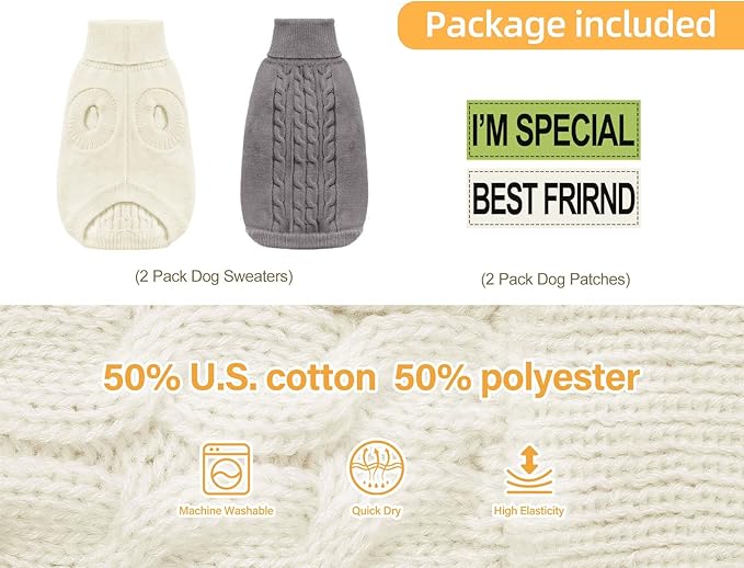 2 Pack Dog Sweaters for Small Dogs - Puppy Medium Warm Clothes in Winter, Turtleneck Pullover Design for Boy Girl Pet, Doggie, Cat, Kitten Chihuahua Bulldog Pug Beagles (M, Grey, Beige) - PAWPICO