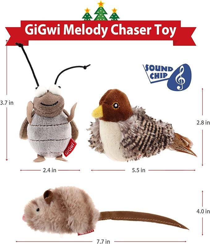 Gigwi Interactive Cat Toy Set, Squeaky Cat Feather Toys for Indoor Cats, 3PCS Cat Plush Toy Pack Including Mouse Hunt Cat Toy, Cat Chase Bird Toy, Cat Chirping Cricket Toy - PAWPICO