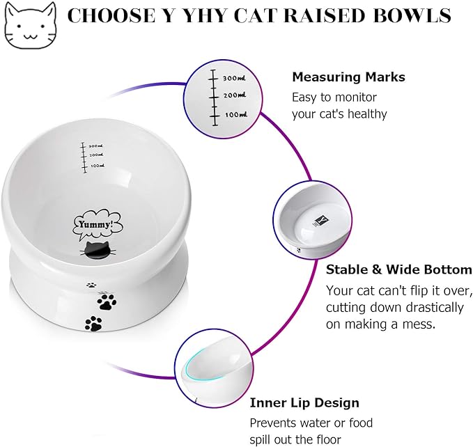Y YHY Elevated Cat Food Bowl, Raised Pet Food and Water Bowl for Cat and Small Dog, Tilted Ceramic Water Bowl No Spill,15oz, Dishwasher Safe - PAWPICO