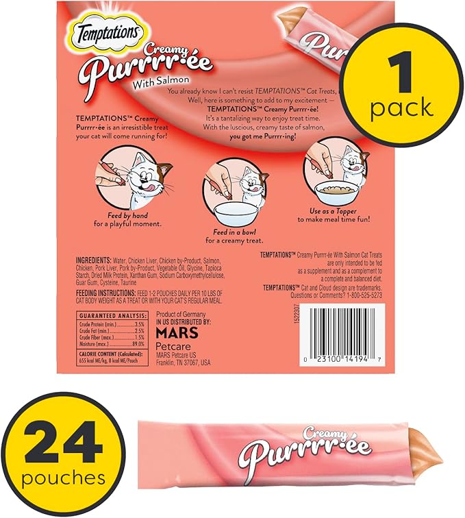 Temptations Creamy Puree with Salmon Lickable, Squeezable Cat Treats, 0.42 oz Pouches, 24 Count Temptations