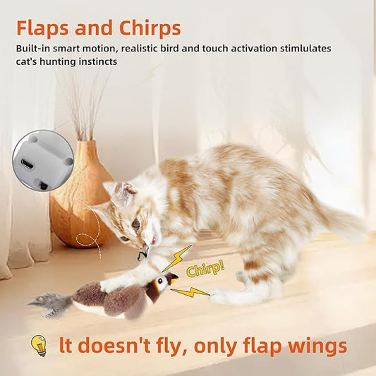 Flapping Bird Cat Toy, Rechargeable Lifelike Interactive Bird Cat Toys for Indoor Cats, Flapping Wings & Lively Chirping, Automatic Catnip Toys for Kitten Self Play Touch Activated (Sparrow) - PAWPICO