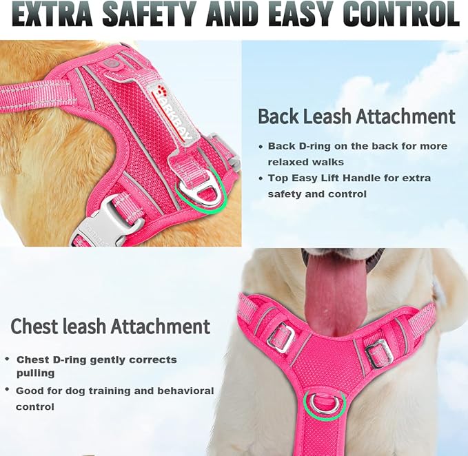 BARKBAY No Pull Dog Harness Large Reflective Dog Harness with Front Clip and Easy Control Handle for Walking Training Running with ID tag Pocket(Pink,XL) BARKBAY