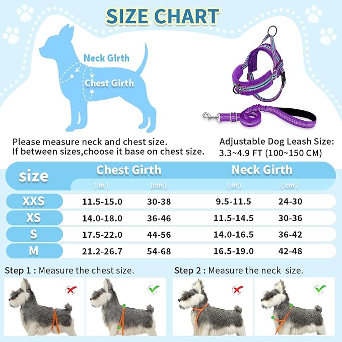 SlowTon No Pull Small Dog Harness and Leash Set, Puppy Soft Vest Harness Neck & Chest Adjustable, Reflective Lightweight Harness & Anti-Twist Pet Lead Combo for Small Medium Dogs (PU-Front Clip, XXS) SlowTon