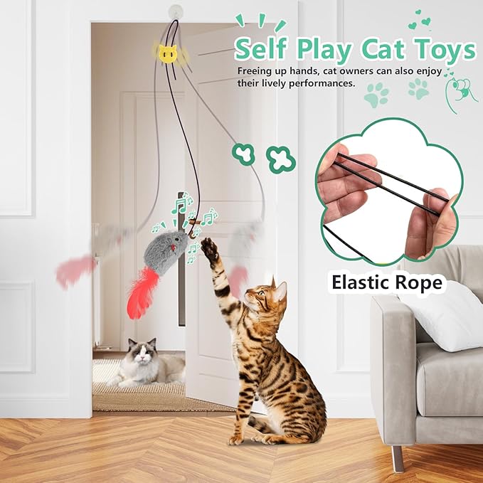 FYNIGO Self Play Cat Toys,2 Pack Door Hanging Cat Mouse Toy with Squeaky Sound,No Batteries Required,Interactive Cat Enrichment Toys for Bored Indoor Adult Cats,Cat Boredom Toys Mice with Feather Tail - PAWPICO