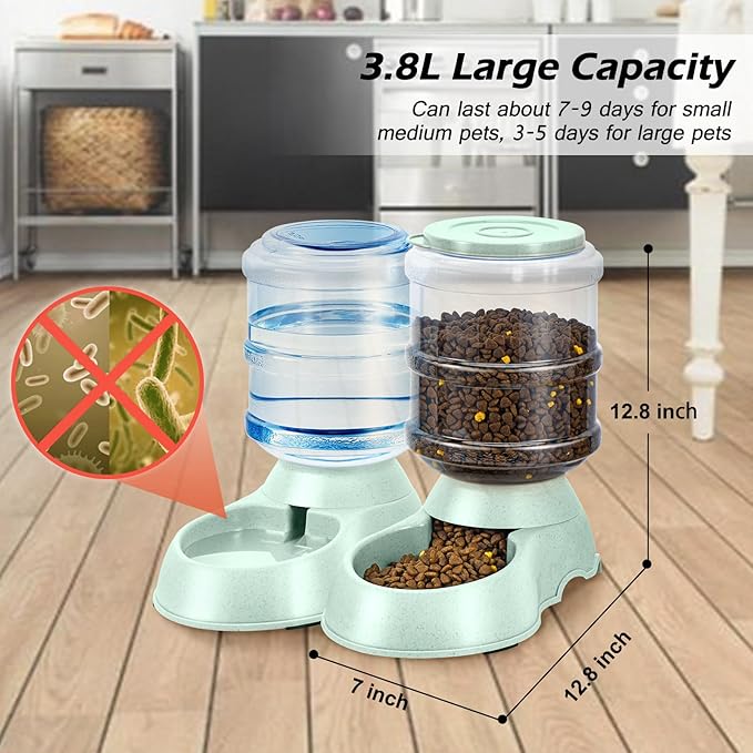 2 Pack Automatic Cat Feeder and Water Dispenser in Set Gravity Food Feeder and Waterer Pet Food Bowl for Small Medium Dog Pets Puppy Kitten Big Capacity 1 Gallon x 2 (2 Pack Green) - PAWPICO