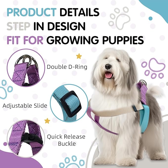 Small Dog Harness, Adjustable No-Pull, Tri-Color, Step-in Design, Heavy Duty, Easy Walk, Size 4/5"W x Chest 16" - 20" Pawhuggies