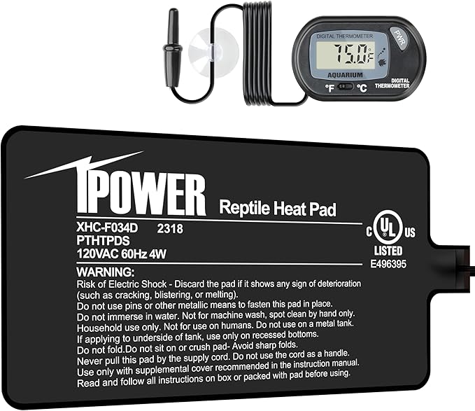 iPower 4 by 7-Inch 4W Reptile Heat Mat, LCD Digital Aquarium Thermometer, Under Tank Warmer Terrarium Heat Pad for Turtles Lizards Frogs and Other Small Animals, Multi Sizes iPower