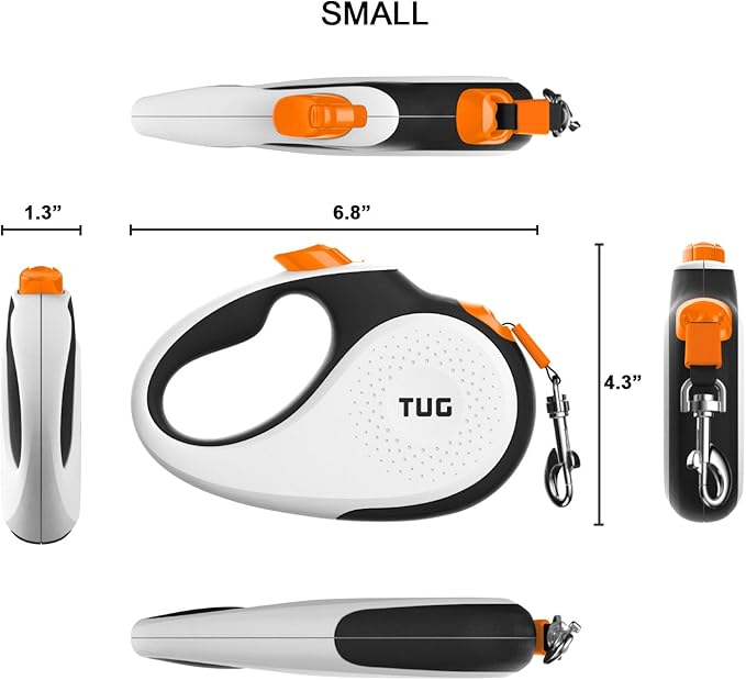 TUG 360° Tangle-Free Retractable Dog Leash with Anti-Slip Handle | 16 ft Strong Nylon Tape | One-Handed Brake, Pause, Lock (Small, White/Orange) TUG
