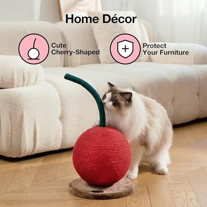 VETRESKA Cherry Cat Scratching Post, 22.64" Tall Cat Scratcher with Sisal Rope Ball, Vertical Cat Scratch Post Claw Scratchers for Indoor Cats, Kitten Supplies - PAWPICO