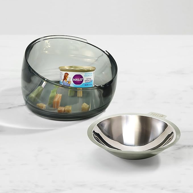 Felli Pet Oblik Whisker Fatigue Cat Food Bowl Raised Stainless Steel Shallow Dish, Pet Friendly Design Anti Vomit Tilted Metal Plate Feeder Elevated Acrylic Base for Treats Storage (0.5 Cups, Smoky) - PAWPICO