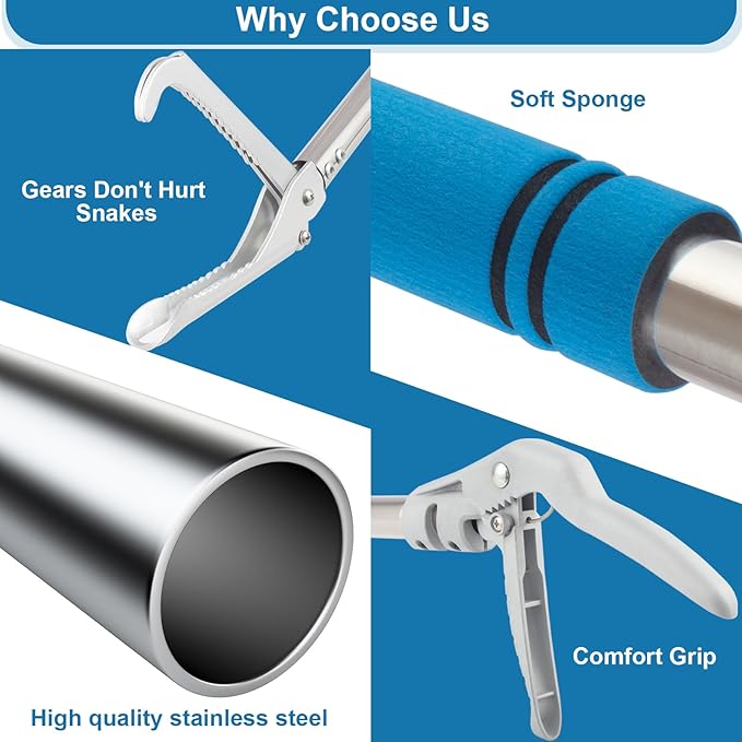 Snake Grabber Reacher Tool, 69" Snake Catcher Tongs Long Handle Heavy Duty Reptile Rattlesnake Catch Tongs Snake Tool Wide Jaw Stainless Steel Sponge Wrapped Handle (Blue) PAWPICO