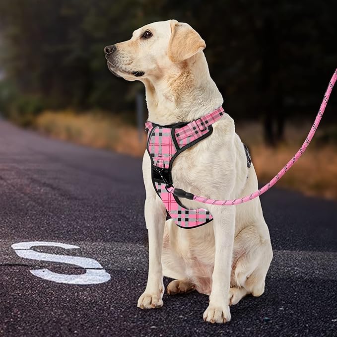IVY&LANE No Pull Dog Harness with Leash Set, Reflective No Choke Pet Vest,Adjustable Oxford Dog Vest Harness with Easy Control Handle for Large Dogs (Checkered Pink,XL) IVYLANE