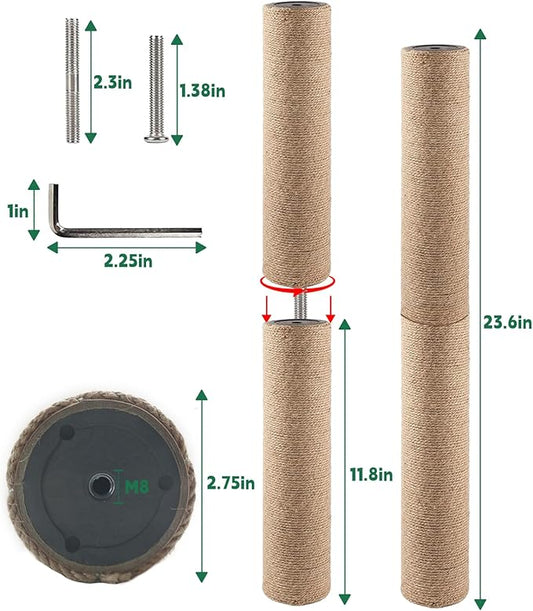 BNOSDM 2 Pcs M8 Cat Scratching Post Replacement Poles 11.8 x 2.75 in Cat Tree Tower Scratch Ropes Refill Sisal Pole Part for Refurbishment Hemp Grey - PAWPICO