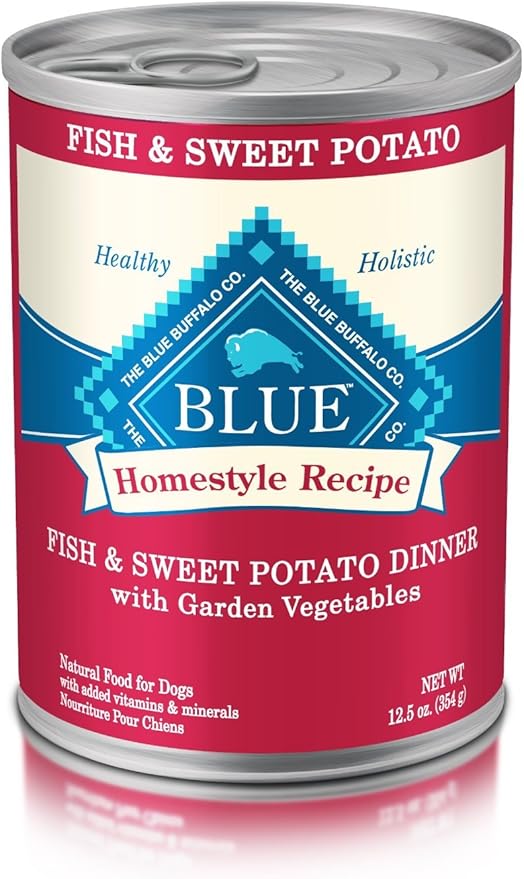 Blue Buffalo Homestyle Recipe Natural Adult Wet Dog Food, Fish & Sweet Potato 12.5 oz cans (Pack of 12) - PAWPICO