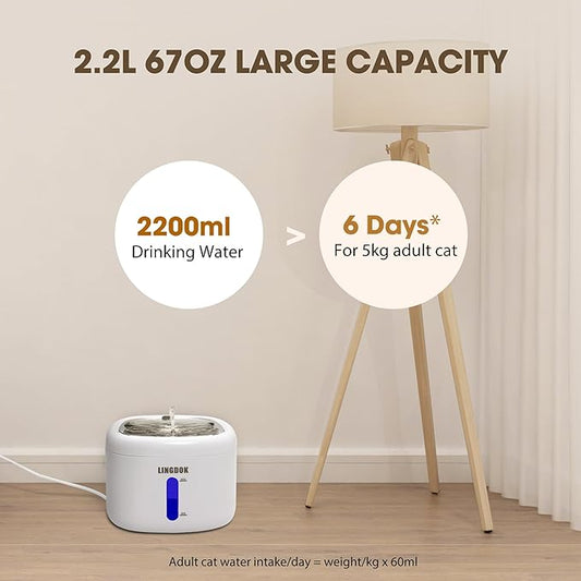 Cat Water Fountain - 2.2L Cat Fountain with Stainless Steel Drinking Tray, Ultra-Quiet 25dB Pet Water Fountain with LED Light and Water Level Window, Water Fountains for Cats Indoor - PAWPICO