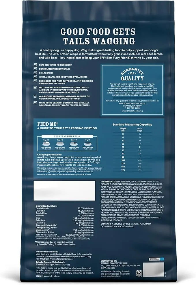 Amazon Brand - Wag Dry Dog Food Grain-Free Beef & Lentil Recipe, High Protein (24 lb bag) - PAWPICO