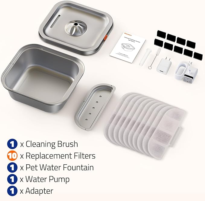 Cat Water Fountain Stainless Steel: 4L/140oz Pet Fountain Water Bowl Indoor, Automatic Dog Drinking Dispenser, Cat Feeding Watering Supplies, Metal Kitty Waterer Fountain, 10 Replacement Filters - PAWPICO