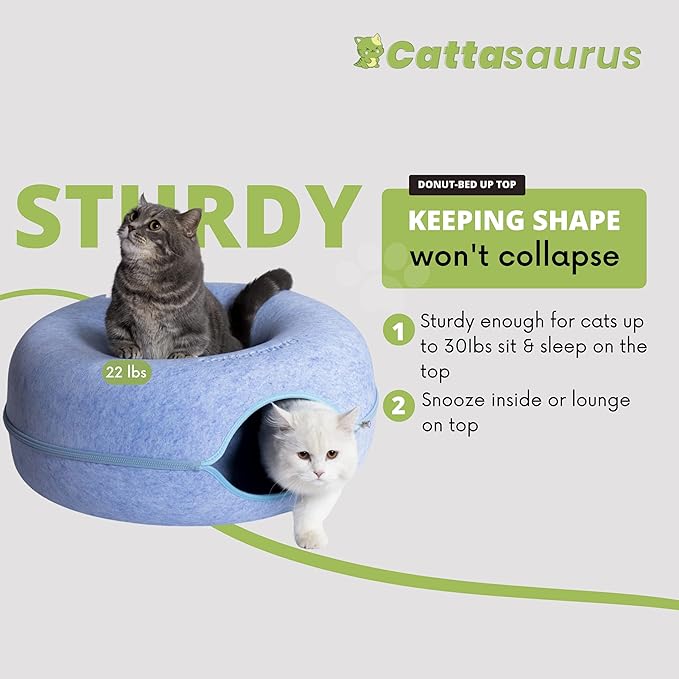 CATTASAURUS Peekaboo Cat Cave for Multiple & Large Cats Up to 30-45 Lbs, Scratch Detachable & Washable Tunnel Bed, Comfy Donut Cat Cave (Blue, Large) - PAWPICO