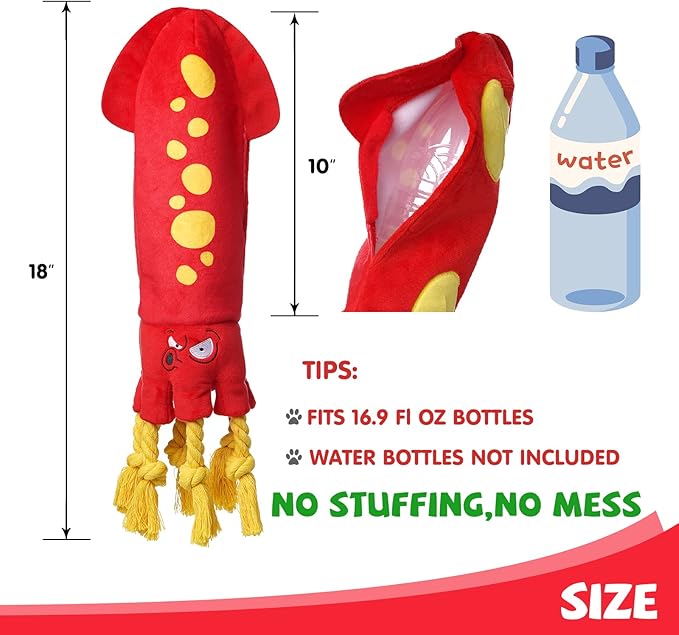 Water Bottle Dog Toys - Dog Puzzle Squeaky Enrichment Treat Dispensing Rope Snuffle Plush Toys, No Stuffing Durable Soft Crunchy Toys for Small Medium Large Dogs Puppy - Octopus Squid - PAWPICO