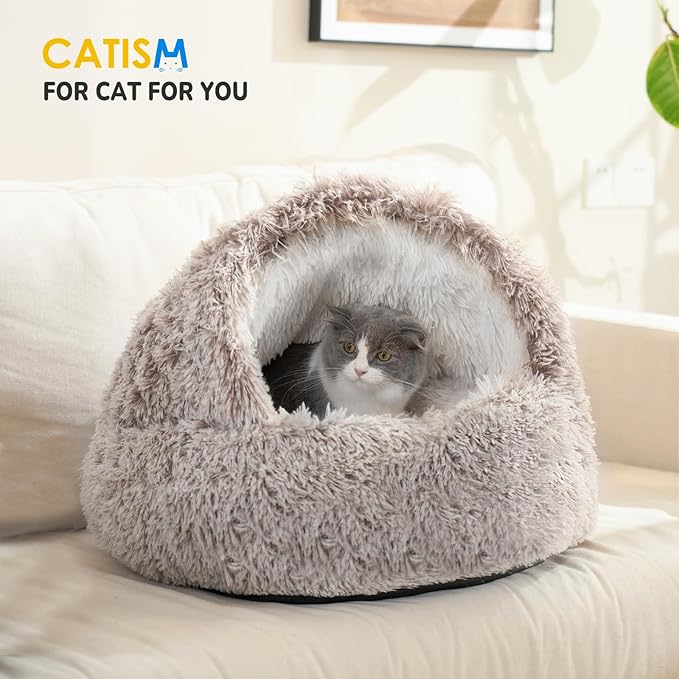 CATISM Cat Bed, Plush Hooded Cat Beds for Indoor Cats, Calming Cat Nest, Self Warming Cat Bed Cave, Cozy Cat Pod for Indoor Cat or Small Dog, Removable Washable Cat Cove with Non-Slip Bottom - PAWPICO