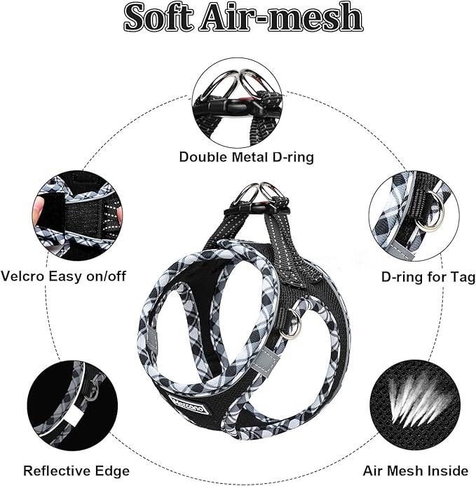 Mercano Soft Mesh Dog Harness and Leash Set, No-Chock Step-in Reflective Breathable Lightweight Easy Walk Escape Proof Vest Harnesses with Safety Buckle for Small Medium Dogs, Cats (Black White, L) PAWPICO