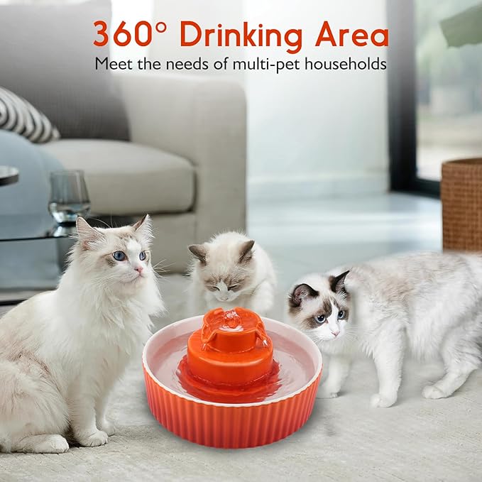 Ceramic Cat Water Fountain, 2.1L/71oz Cat Fountain with 3 Carbon Filters and 2 Water Pumps, Cupcake Pet Water Fountain for Cats and Dogs (Orange) - PAWPICO