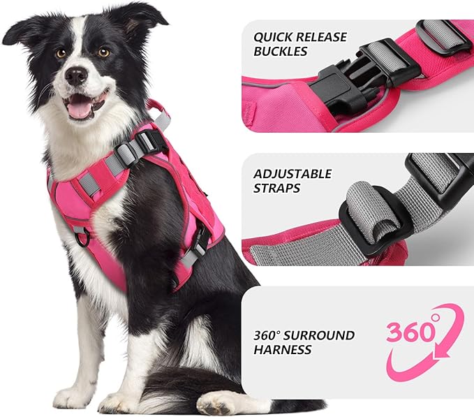 WINGOIN Pink Harness with Handle Tactical Dog Harness for Large Dogs No Pull Adjustable Reflective K9 Military Dog Vest Harnesses for Labrador Retriever, Siberian Husky, German Shepherd Dog (L) - PAWPICO