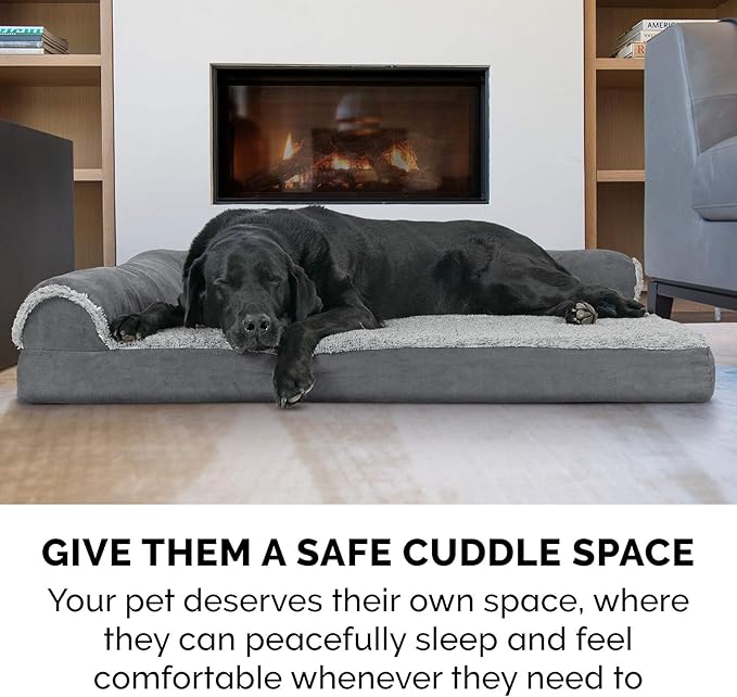 Furhaven Orthopedic Dog Bed for Large Dogs w/ Removable Bolsters & Washable Cover, For Dogs Up to 125 lbs - Two-Tone Plush Faux Fur & Suede L Shaped Chaise - Stone Gray, Jumbo Plus/XXL - PAWPICO